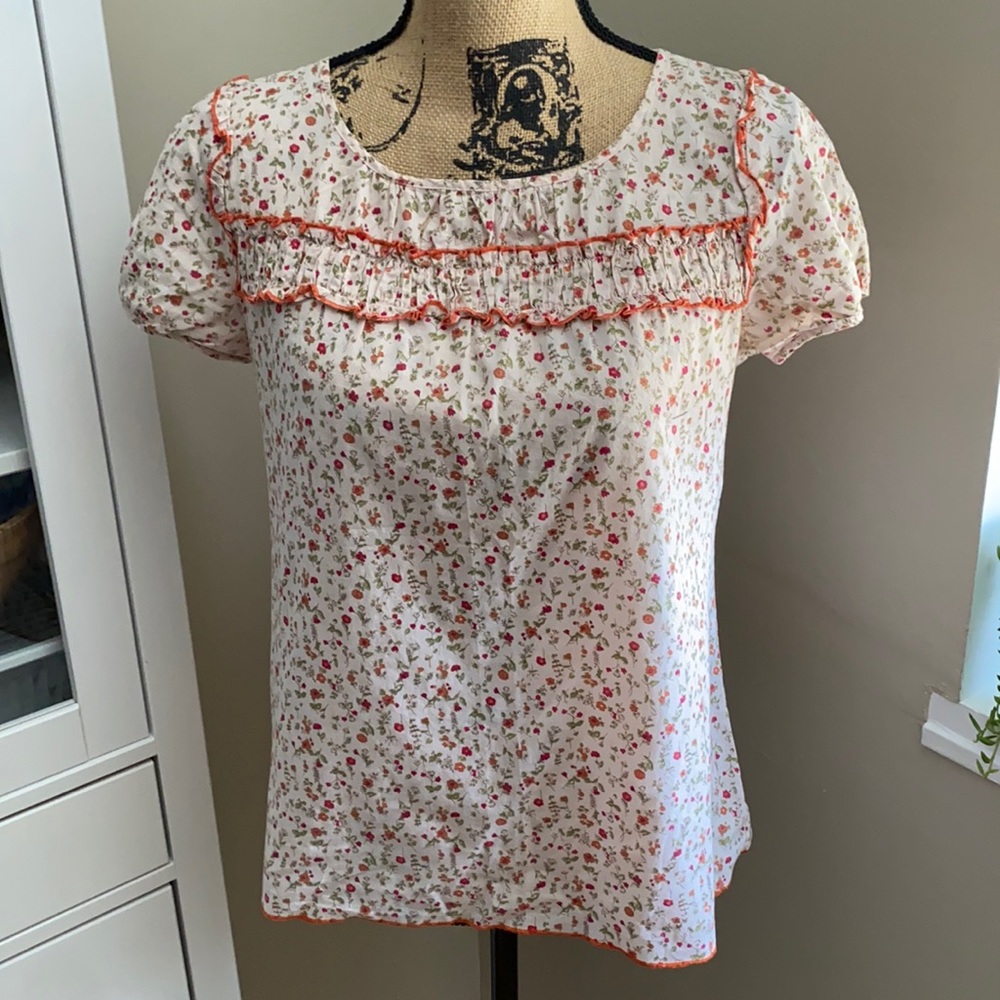 Anthropologie White Floral Ruffle Short-Sleeve Blouse